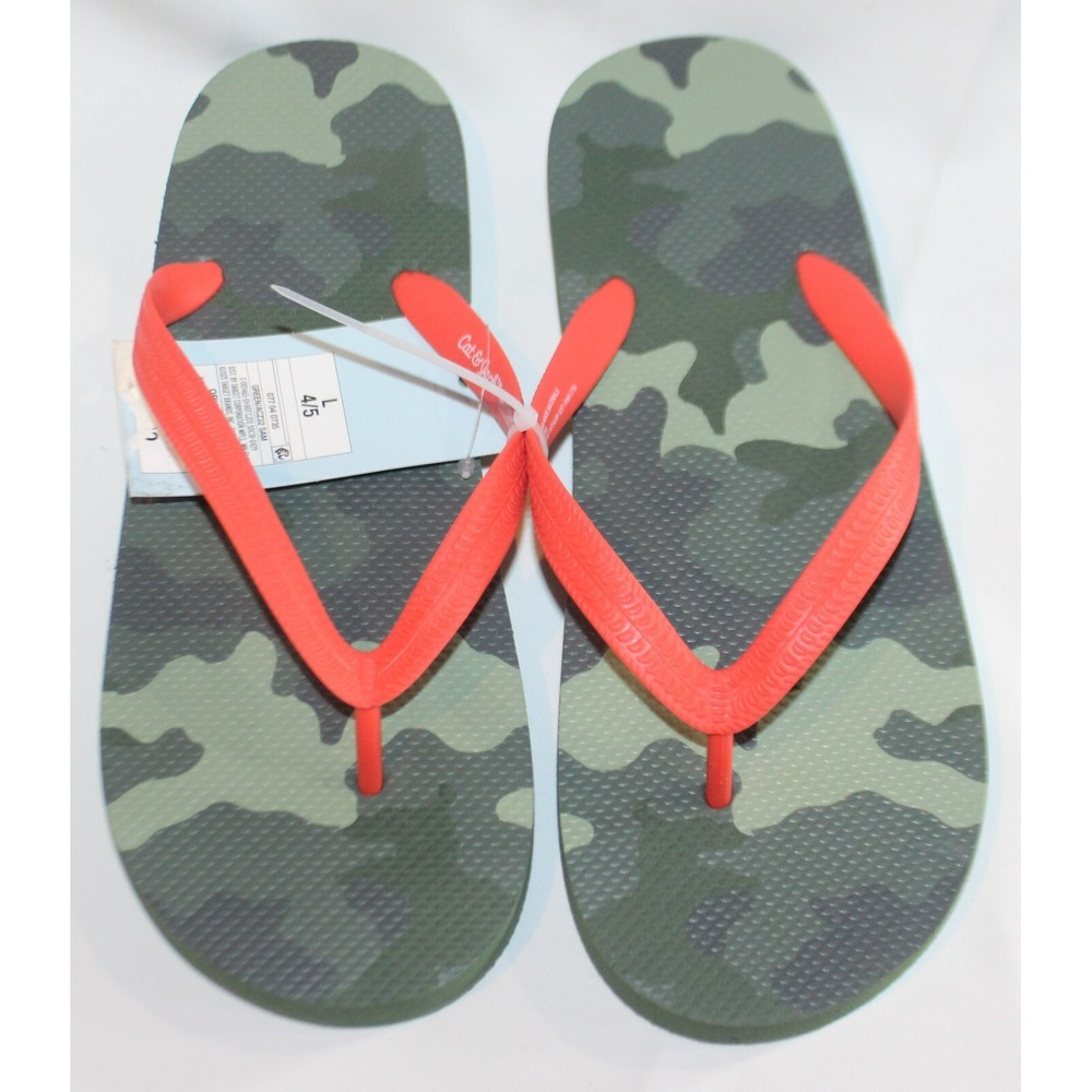NWT Cat & Jack Sam Green Camo Flip Flop Sandals Youth Big Boys Size L 4-5